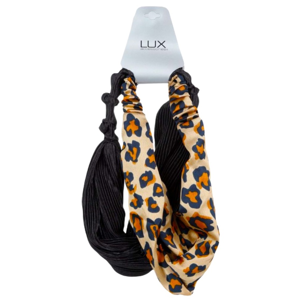 LUX Accessories 2 Pc Black Corduroy & Leopard Satin Headband Hair Wrap Set NWT